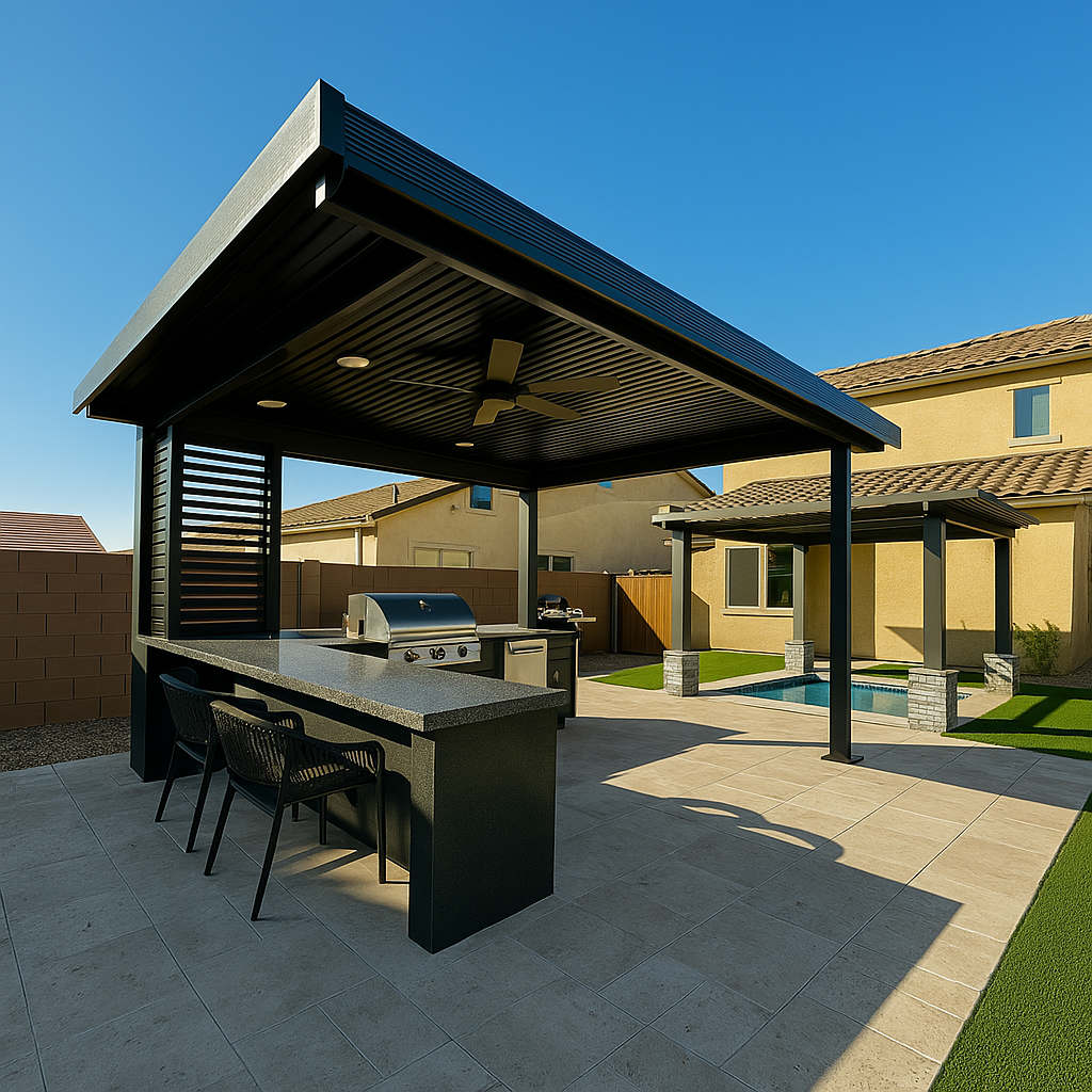 Modern pergola with outdoor kitchen and seating area